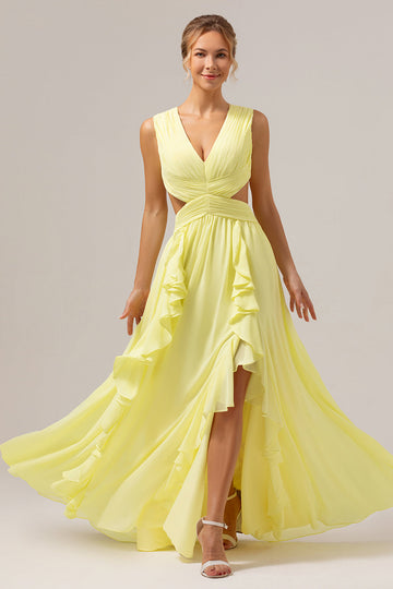 Vestido largo de dama de honor con cordones en la espalda y volantes de color amarillo limón